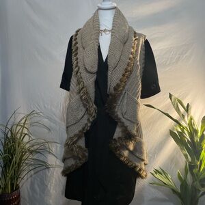 Women's Tan Knit Trench Coat with Faux Fur Trim